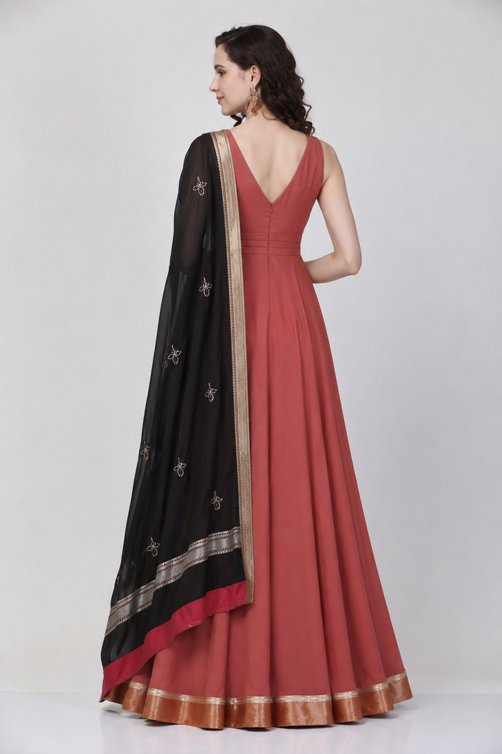 Peach crepe plain zari woven ethnic kurta set with dupatta