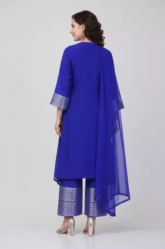 Royal-blue georgette embroidered zari woven ethnic kurta set with dupatta