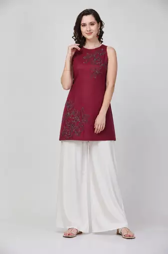 Maroon cotton hand embroidery fancy ethnic kurta palazzo set