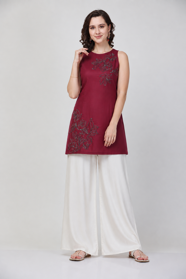 Maroon cotton hand embroidery fancy ethnic kurta palazzo set