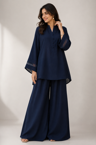 Navy blue georgette plain lace work fancy ethnic kurta palazzo set