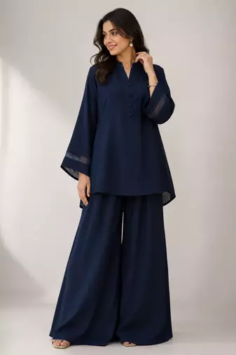 Navy blue georgette plain lace work fancy ethnic kurta palazzo set