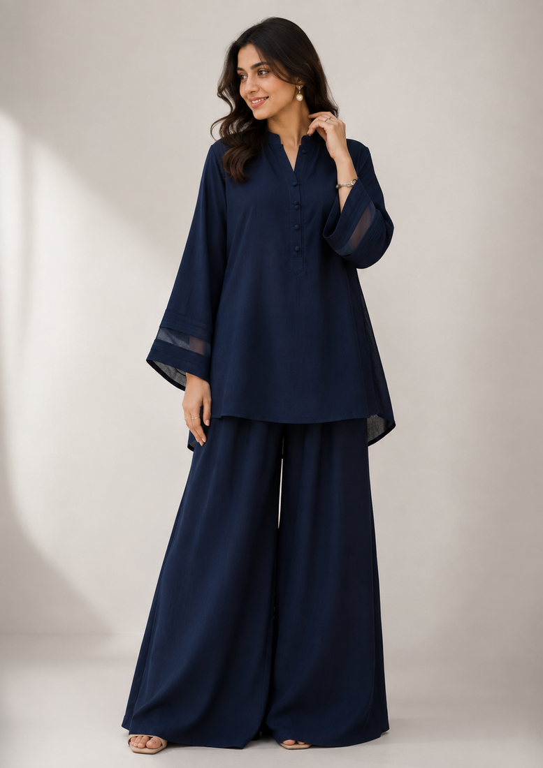 Navy blue georgette plain lace work fancy ethnic kurta palazzo set