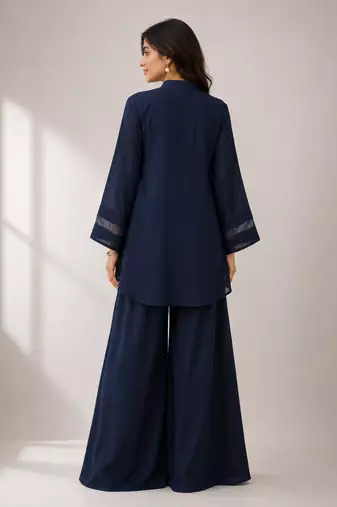 Navy blue georgette plain lace work fancy ethnic kurta palazzo set