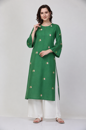 Green cotton silk embroidered thread work fancy ethnic kurta palazzo set