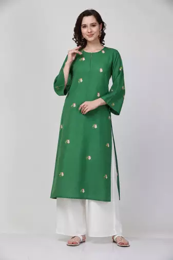 Green cotton silk embroidered thread work fancy ethnic kurta palazzo set