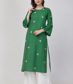 Green cotton silk embroidered thread work fancy ethnic kurta palazzo set