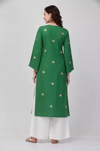 Green cotton silk embroidered thread work fancy ethnic kurta palazzo set