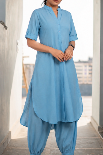 Light blue rayon plain fancy ethnic afghani kurta pant set