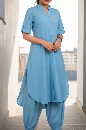 Light blue rayon plain fancy ethnic afghani kurta pant set