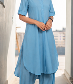 Light blue rayon plain fancy ethnic afghani kurta pant set