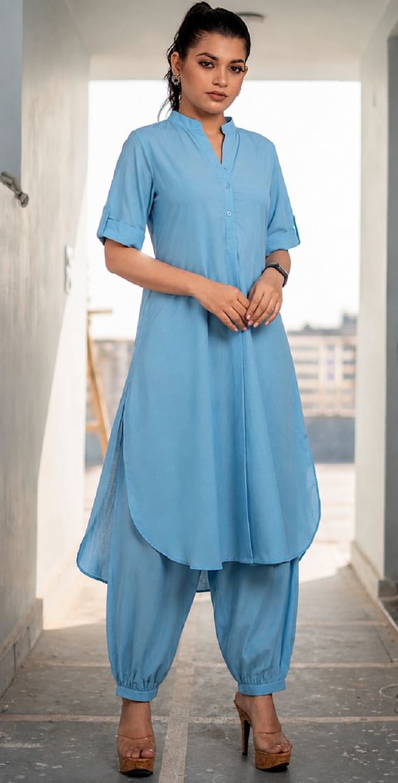 Light blue rayon plain fancy ethnic afghani kurta pant set