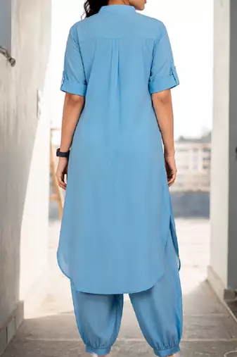Light blue rayon plain fancy ethnic afghani kurta pant set
