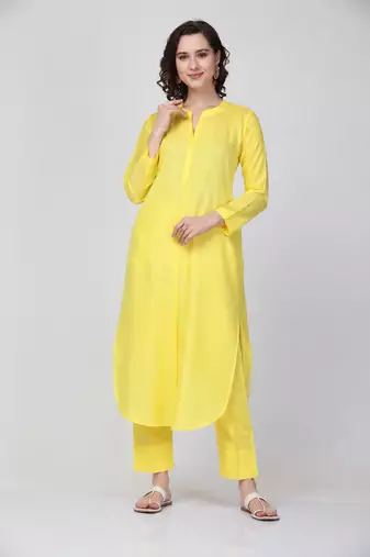 Yellow rayon plain fancy ethnic kurta pant set