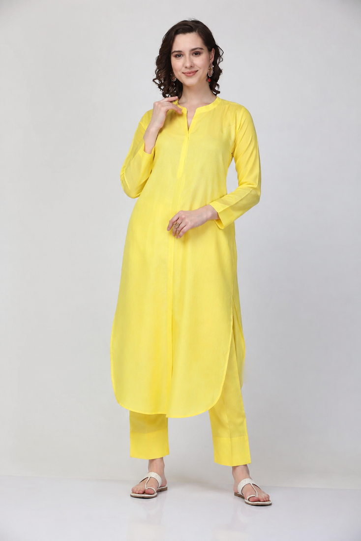 Yellow rayon plain fancy ethnic kurta pant set