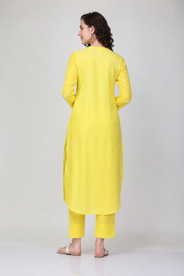 Yellow rayon plain fancy ethnic kurta pant set 2