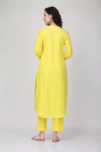 Yellow rayon plain fancy ethnic kurta pant set