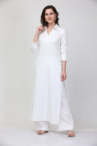Off white cotton plain fancy ethnic kurta palazzo set