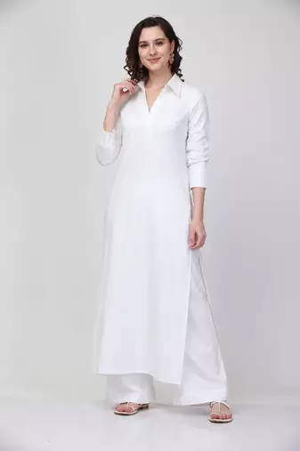 Off white cotton plain fancy ethnic kurta palazzo set