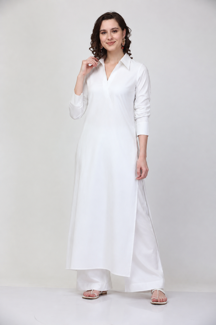 Off white cotton plain fancy ethnic kurta palazzo set