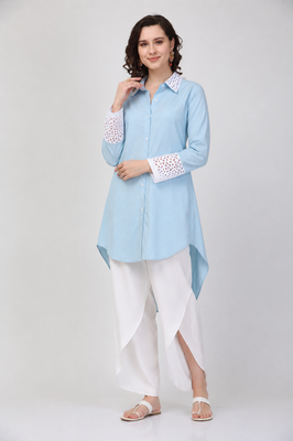 Blue crepe plain chikankari fancy ethnic kurta pant set 1