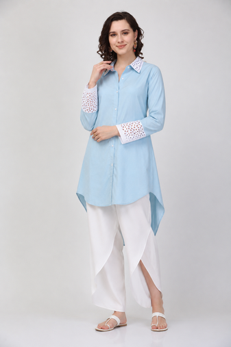 Blue crepe plain chikankari fancy ethnic kurta pant set