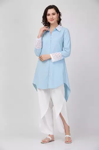 Blue crepe plain chikankari fancy ethnic kurta pant set