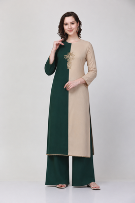 Green crepe embroidered zari work fancy ethnic kurta palazzo set 1