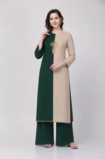 Green crepe embroidered zari work fancy ethnic kurta palazzo set