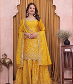 Yellow embroidered sharara suit set for women with scalloped dupatta