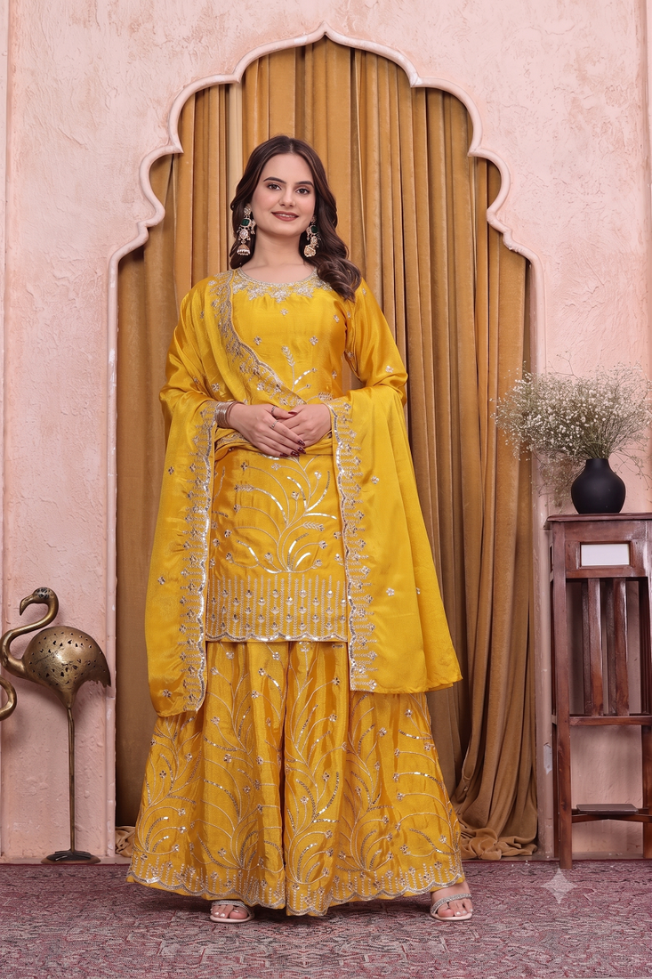 Yellow embroidered sharara suit set for women with scalloped dupatta