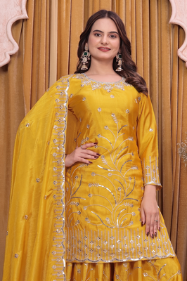 Yellow embroidered sharara suit set for women with scalloped dupatta 2