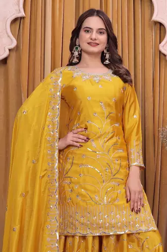 Yellow embroidered sharara suit set for women with scalloped dupatta