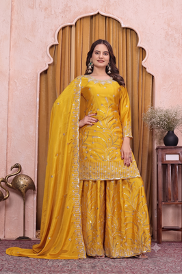 Yellow embroidered sharara suit set for women with scalloped dupatta 3