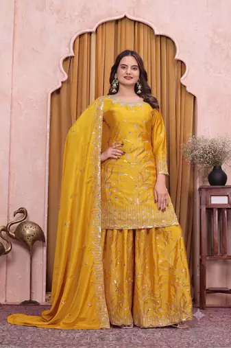 Yellow embroidered sharara suit set for women with scalloped dupatta