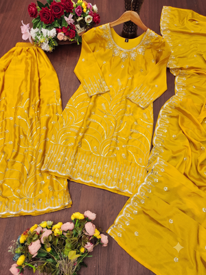 Yellow embroidered sharara suit set for women with scalloped dupatta 4