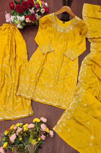 Yellow embroidered sharara suit set for women with scalloped dupatta