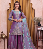 Lavender embroidered kurta set with scalloped dupatta