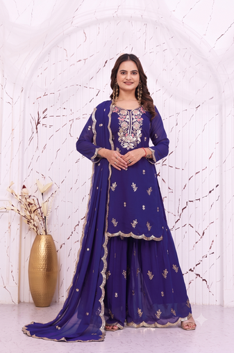 Royal blue embroidered kurti sharara set with scalloped dupatta