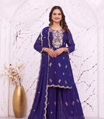 Royal blue embroidered kurti sharara set with scalloped dupatta
