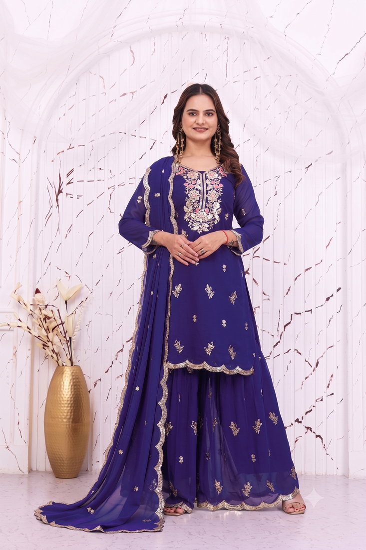Royal blue embroidered kurti sharara set with scalloped dupatta