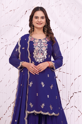Royal blue embroidered kurti sharara set with scalloped dupatta 2