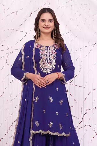 Royal blue embroidered kurti sharara set with scalloped dupatta