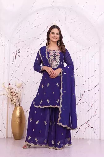 Royal blue embroidered kurti sharara set with scalloped dupatta