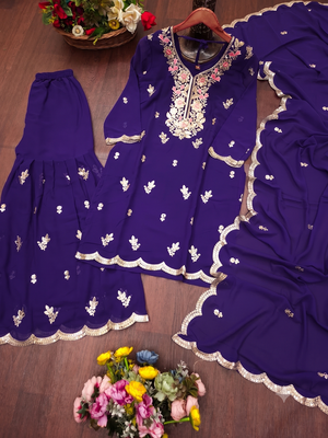 Royal blue embroidered kurti sharara set with scalloped dupatta 4