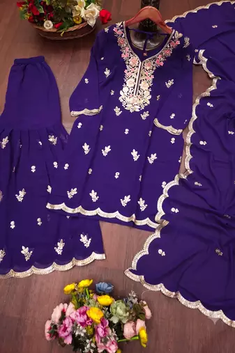 Royal blue embroidered kurti sharara set with scalloped dupatta