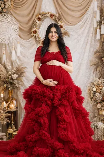 Elegant Red Maternity Gown for Pregnancy Photoshoot & Special Occasions