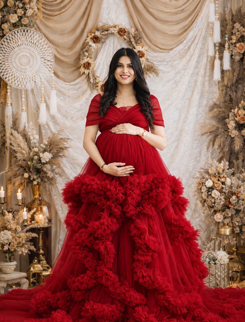 Elegant Red Maternity Gown for Pregnancy Photoshoot & Special Occasions
