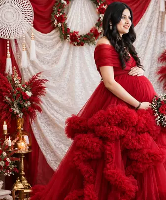 Elegant Red Maternity Gown for Pregnancy Photoshoot & Special Occasions
