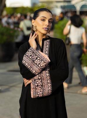 Black cotton poly thread embroidery palazzo set 1